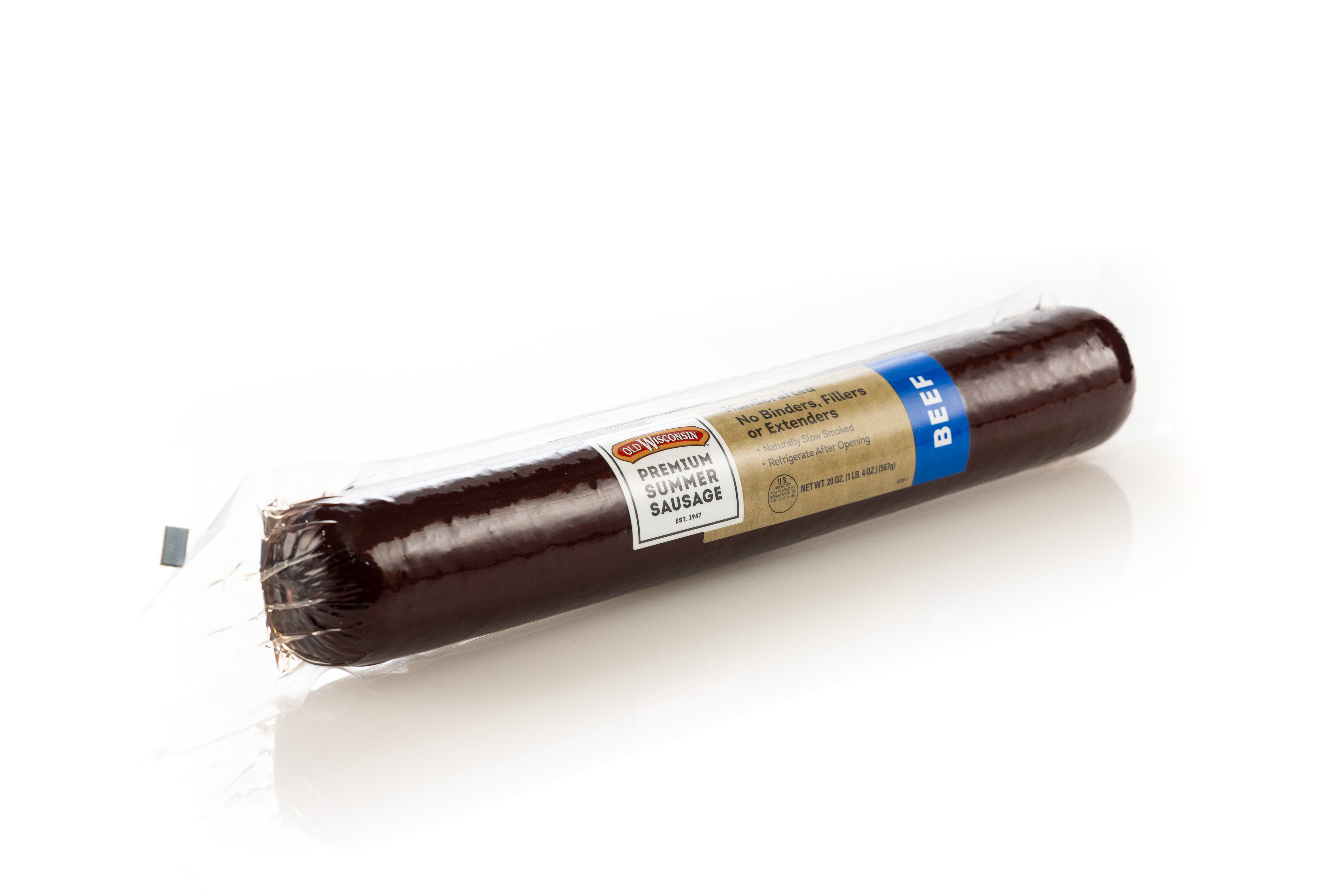 A long, packaged Old Wisconsin Summer Sausage against a white background