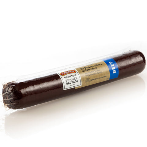 A long, packaged Old Wisconsin Summer Sausage against a white background