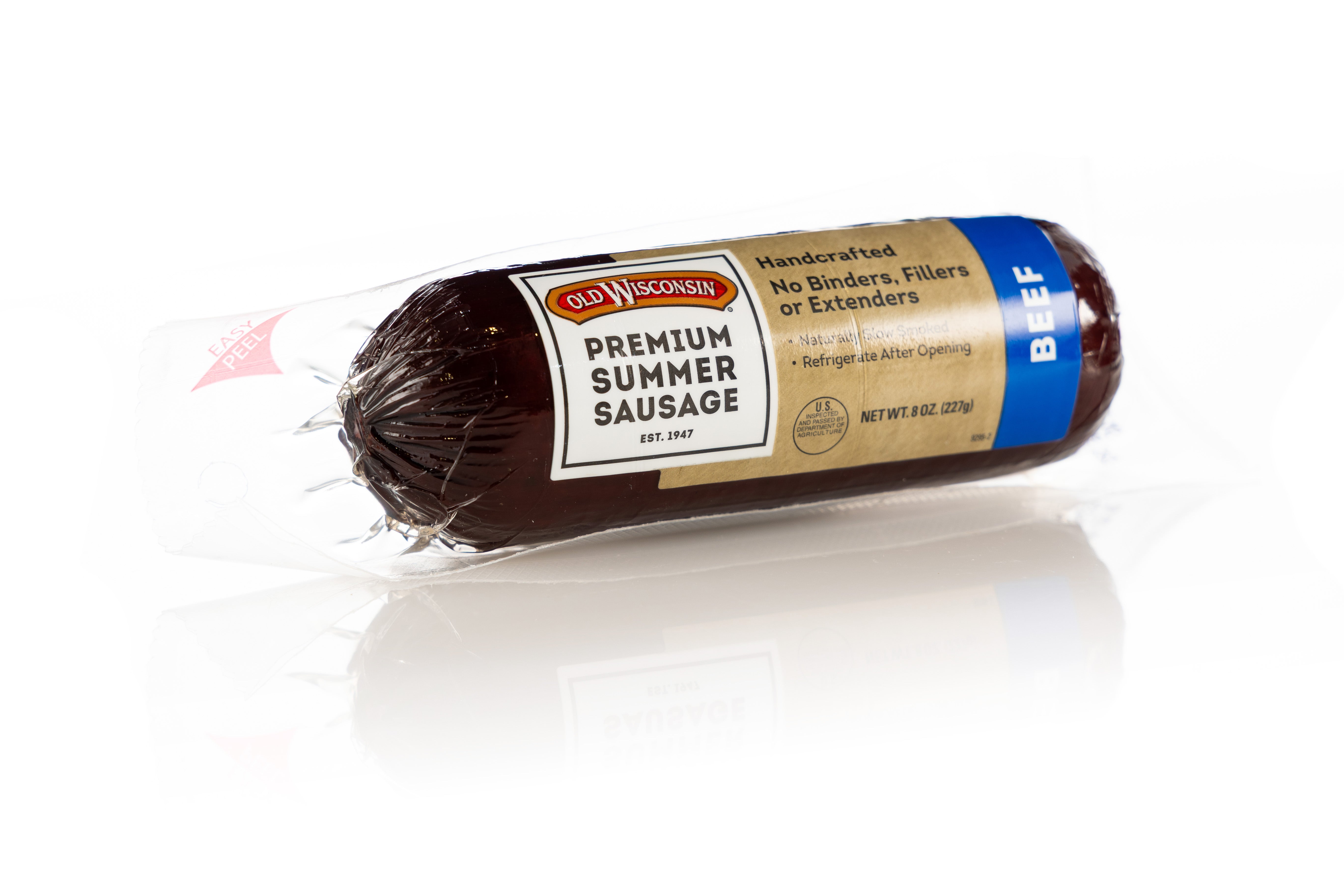 A short, packaged Old Wisconsin Summer Sausage against a white background