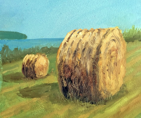 Painting of two hay bales in a field with a blue sky.