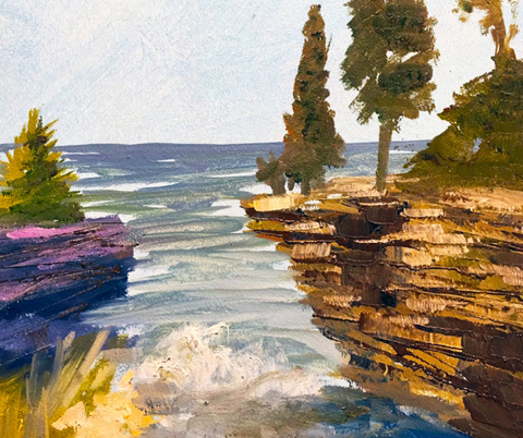 Painting of a coastal landscape with cliffs, trees, and water. Cave Point, Door County