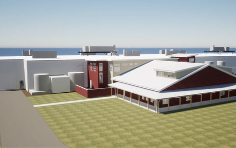 Computer-generated image of a building complex with grass and sky